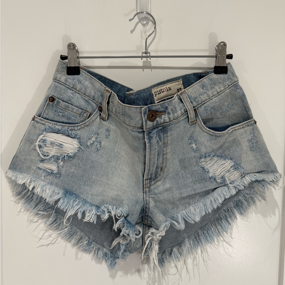 Pistola Women’s Distressed Light Blue Denim Cut Off Shorts Size 27